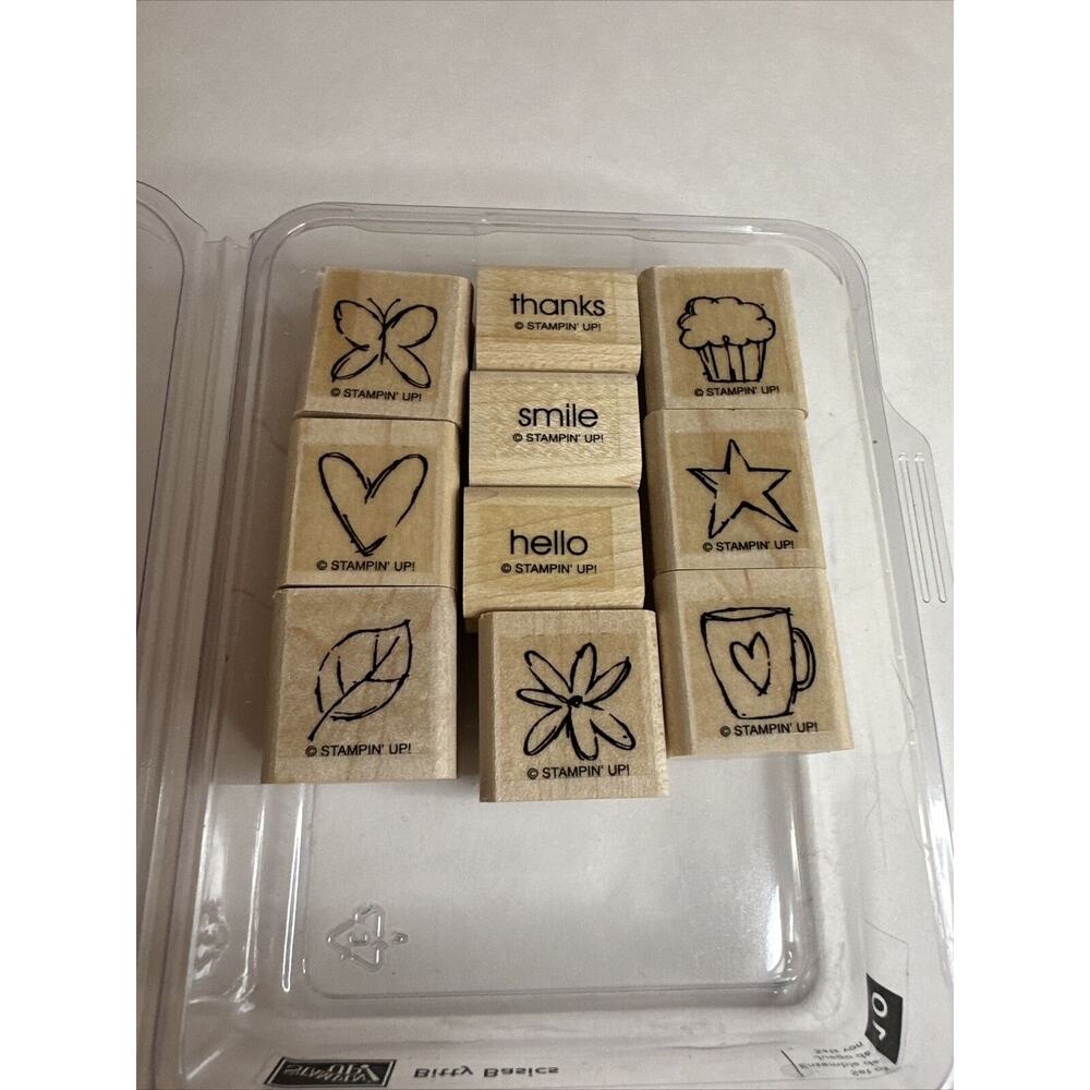 Stampin' UP Bitty Basics Wood Stamp Set of 10 EUC Heart, Butterfly, Muffin, Star
